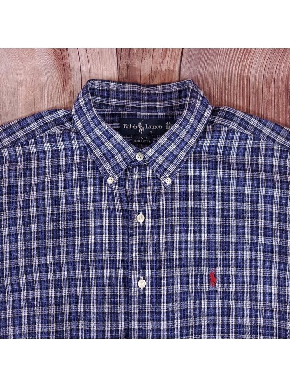 Vtg Ralph Lauren Blaire Seersucker Mens XL Blue White Plaid LS Button Down Shirt - Picture 3 of 12